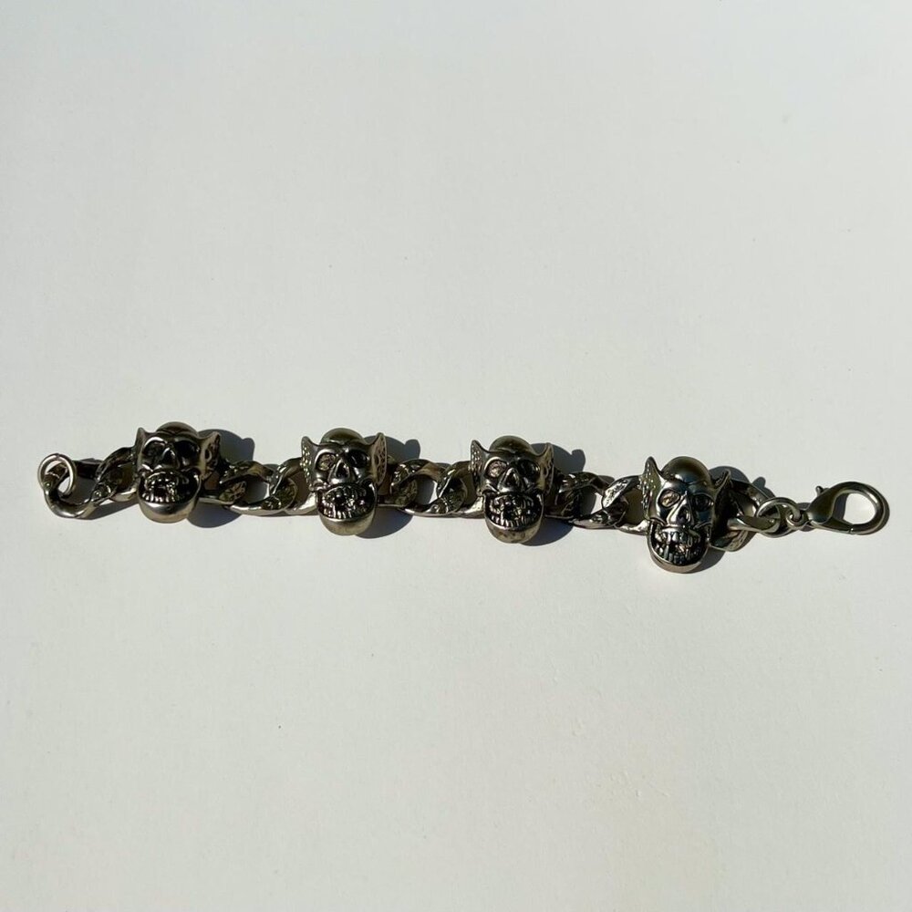 Vintage goth punk stainless steel silver demon skull bracelet